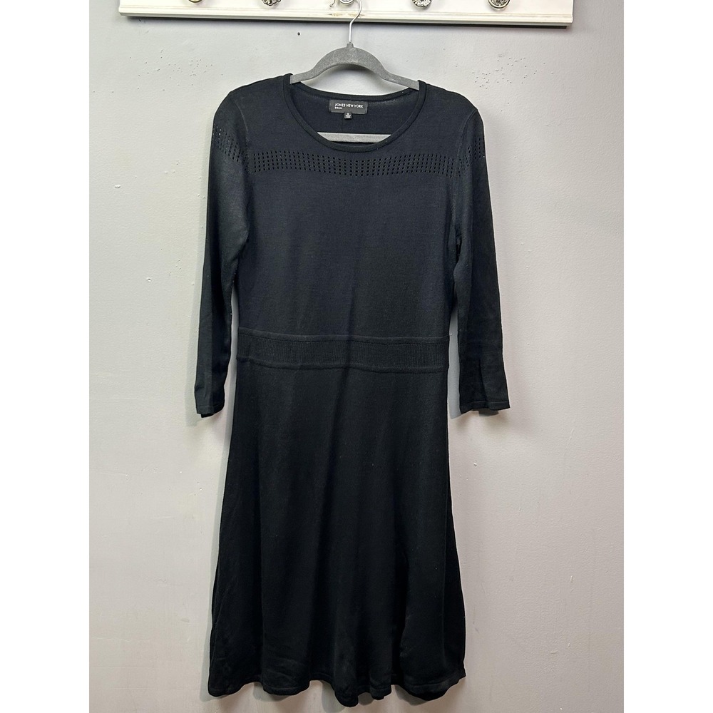 Jones New York Dress Womens Medium Black Knit 3/4 Sleeve‎ Eyelet Detail Classic